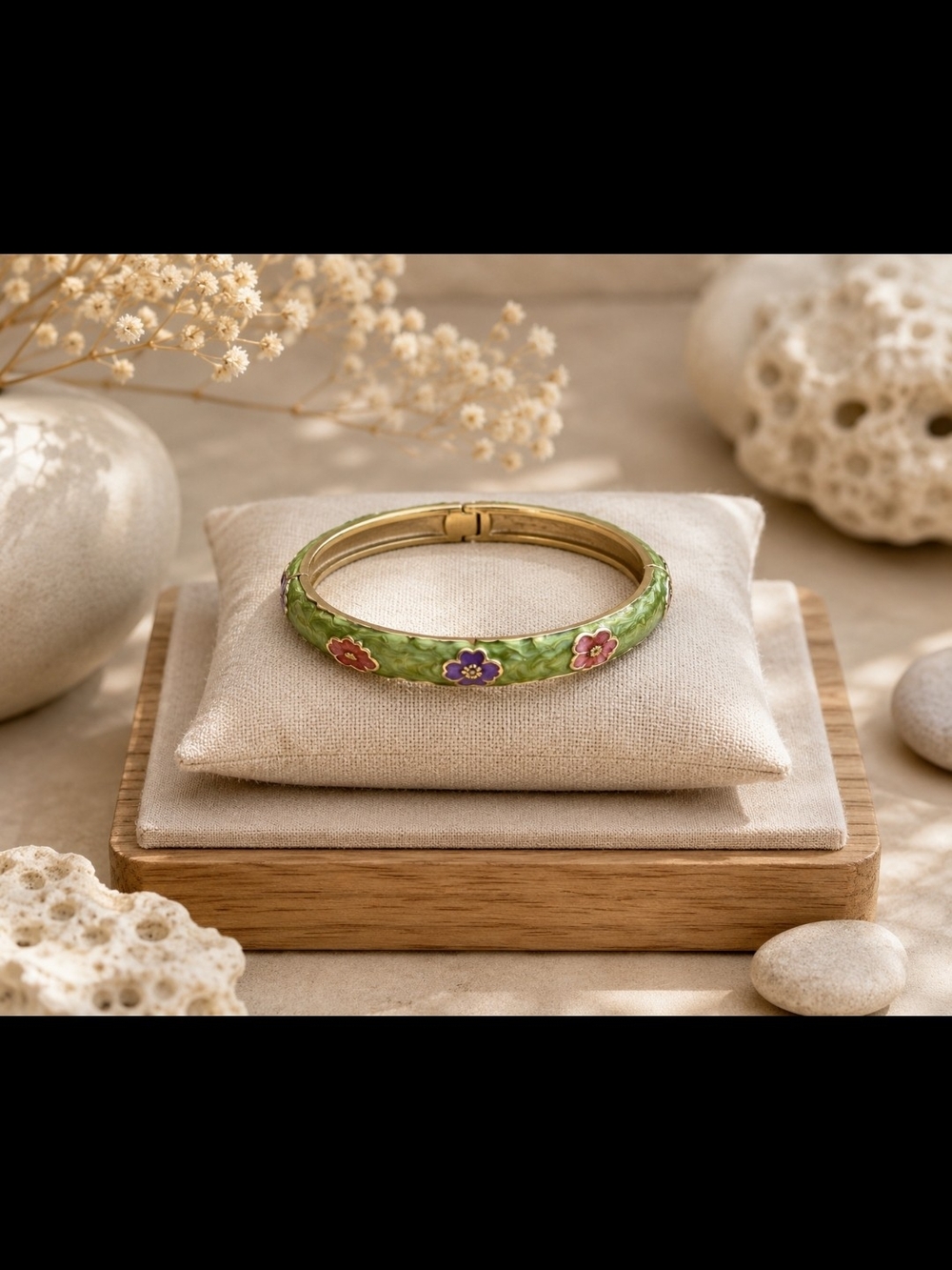 Green Enamel Floral Hinged Bangle Bracelet